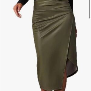 Green Asymmetrical Ruched Wrap Midi Skirt